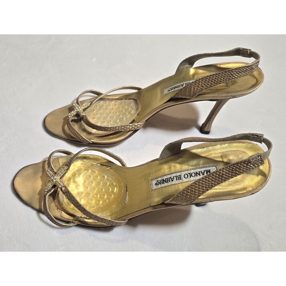 Manolo Blahnik Heels Pumps Gold With Crystal Strappy Detail Slingback 39